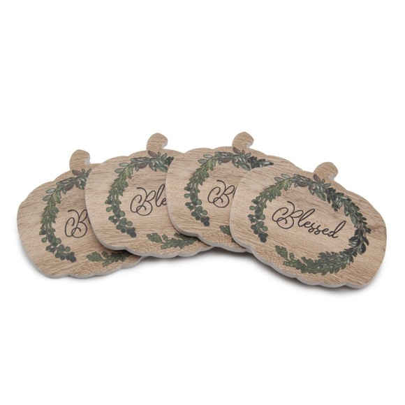 Celebrate Decorative Coaster Set Pumpkin Shape Blessed Stoneware Coasters 4pc - Picture 5 of 5